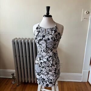 Y2K Jodi Kristopher Black White Floral Tropical Pattern Halter Dress Small